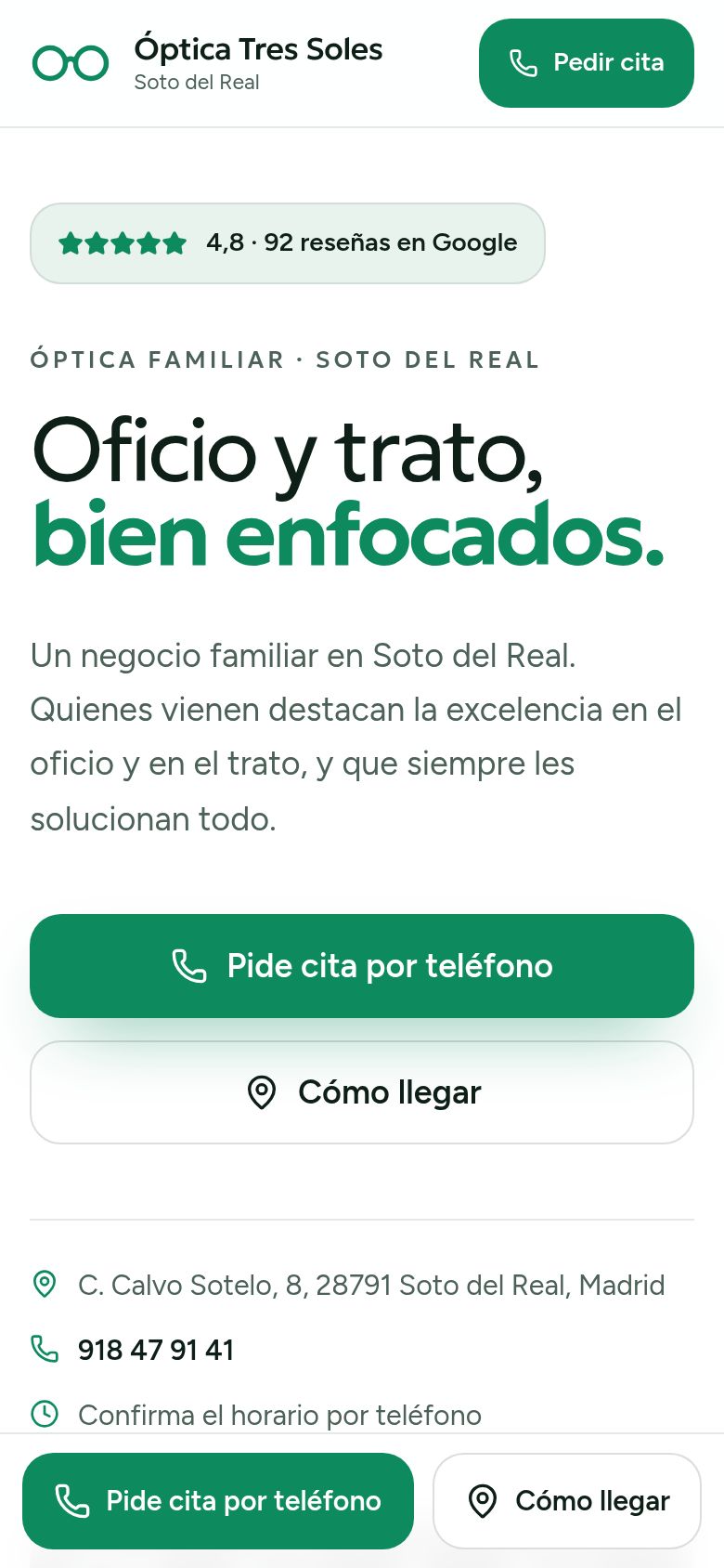 Captura en móvil de la demo de Óptica Tres Soles